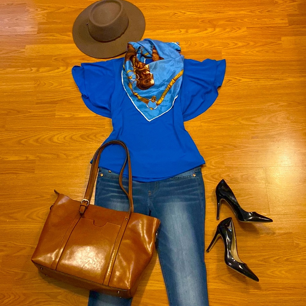 Blue flutter double stretch Banana Republic blouse top horse equestrian scarf